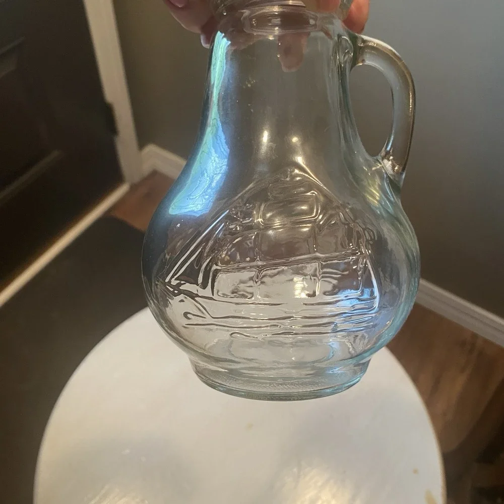 Vintage Clear Glass Pitcher‎ w/ Handle & Lip/Cast Tall Sailing Ship on Sides